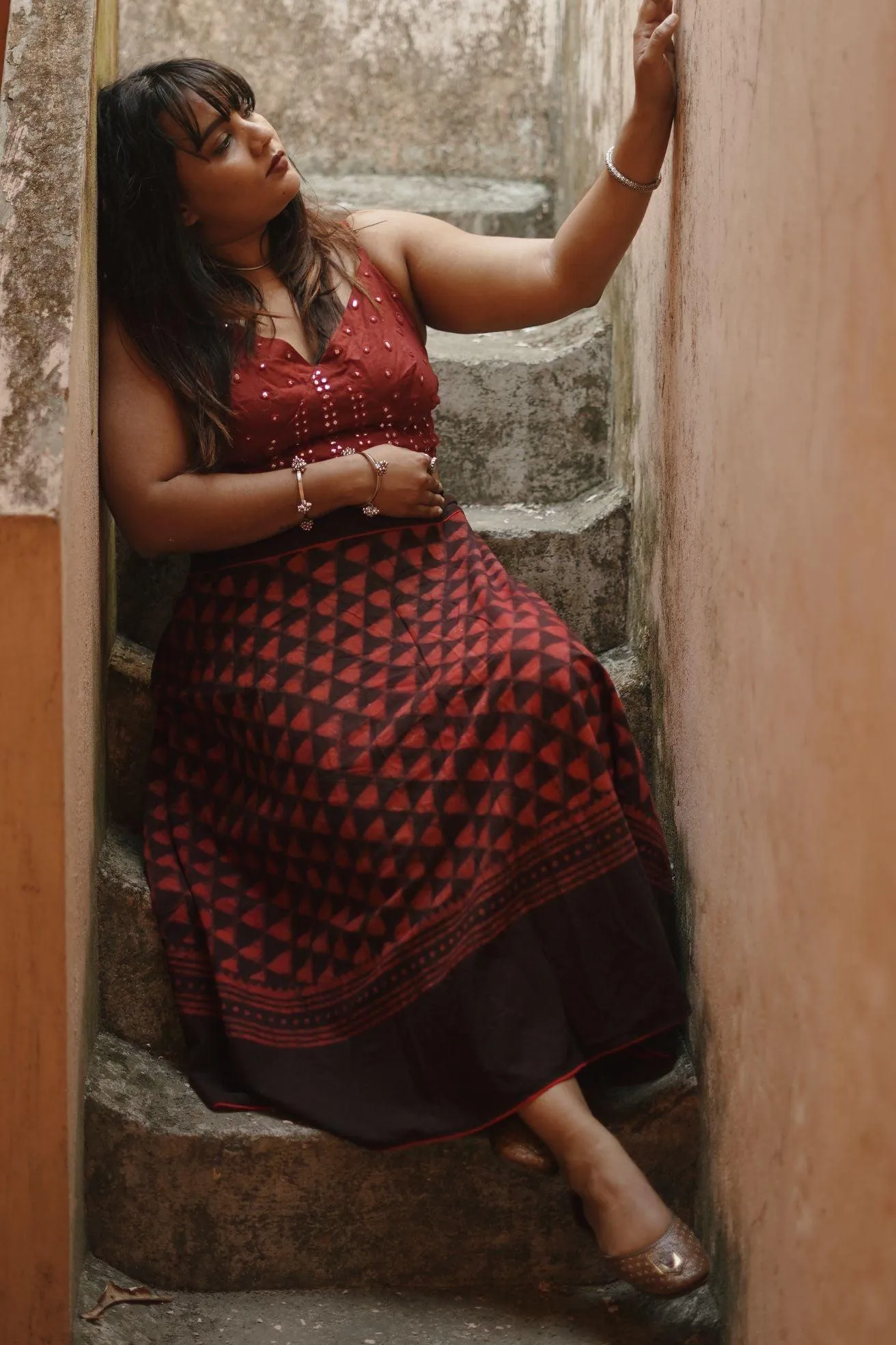 Dabu printed red print skirt - Noor -Afsana