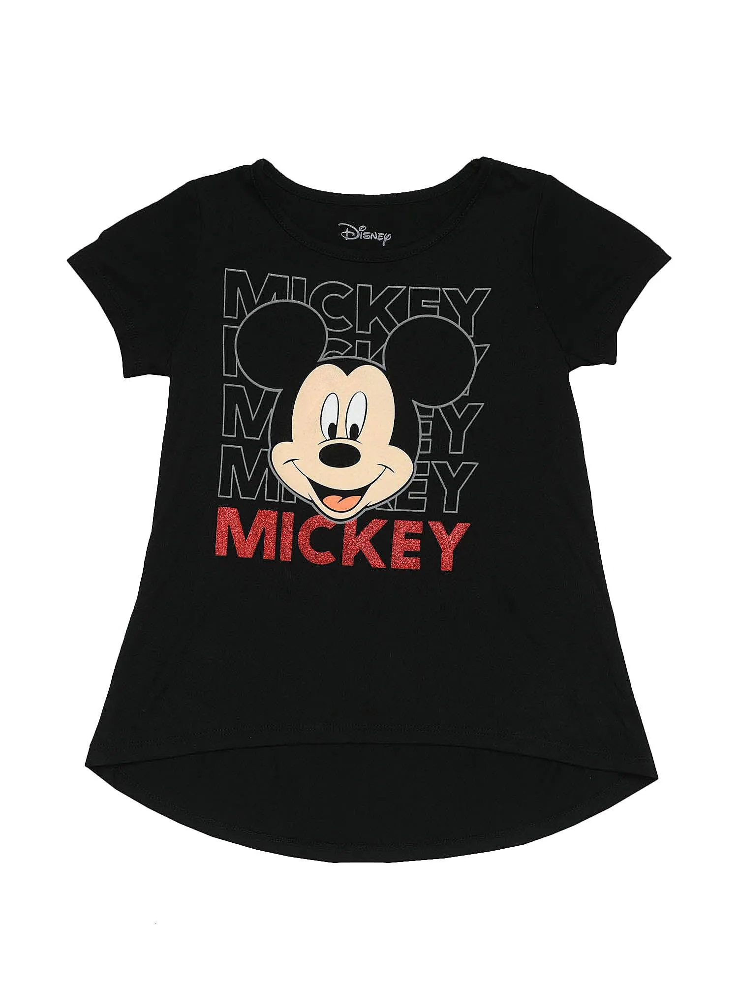 Disney Girls Mickey Mouse T-Shirt Glitter Hi-Lo Hem Black