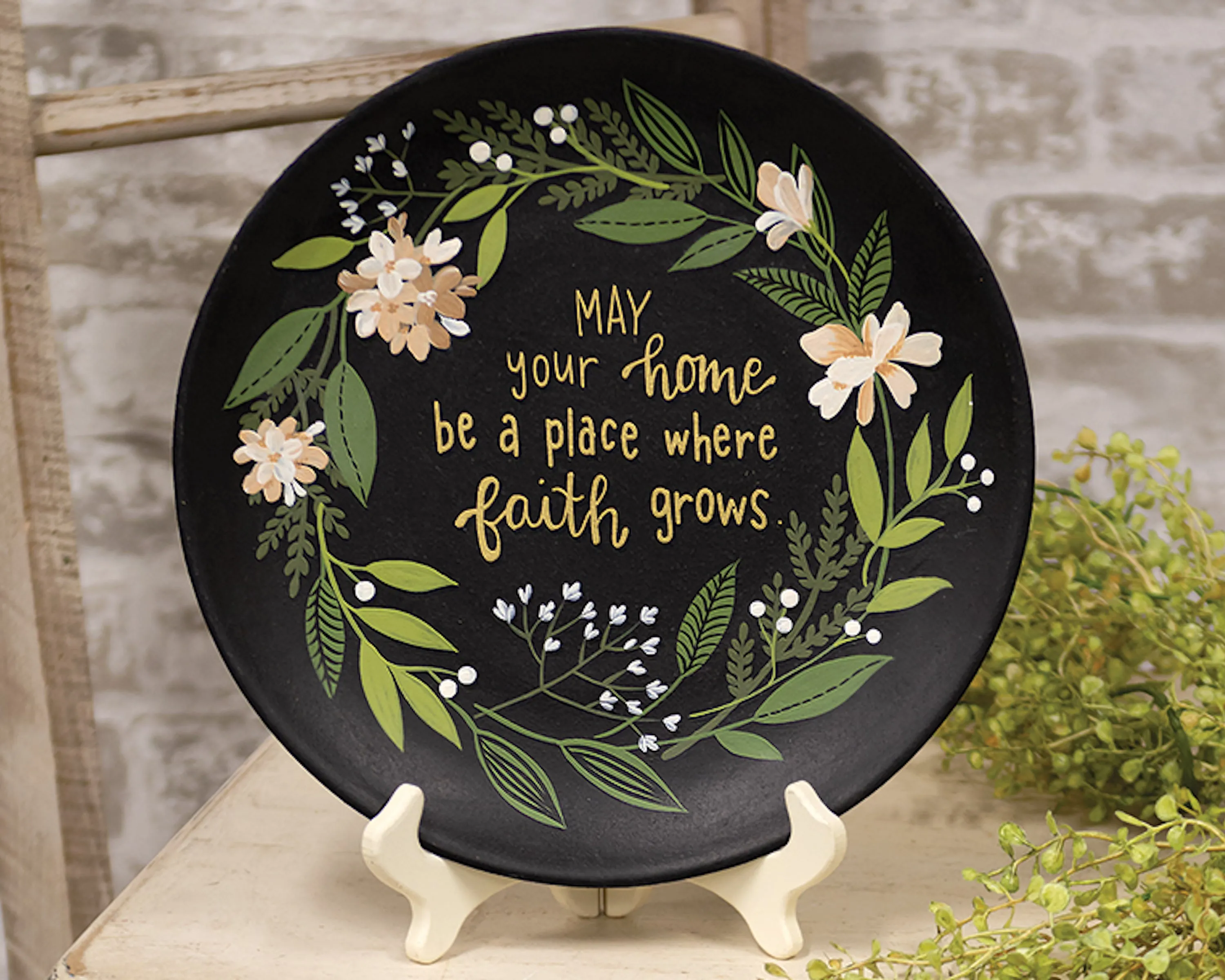 Faith-inspired black & green floral wood plate