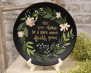 Faith-inspired black & green floral wood plate