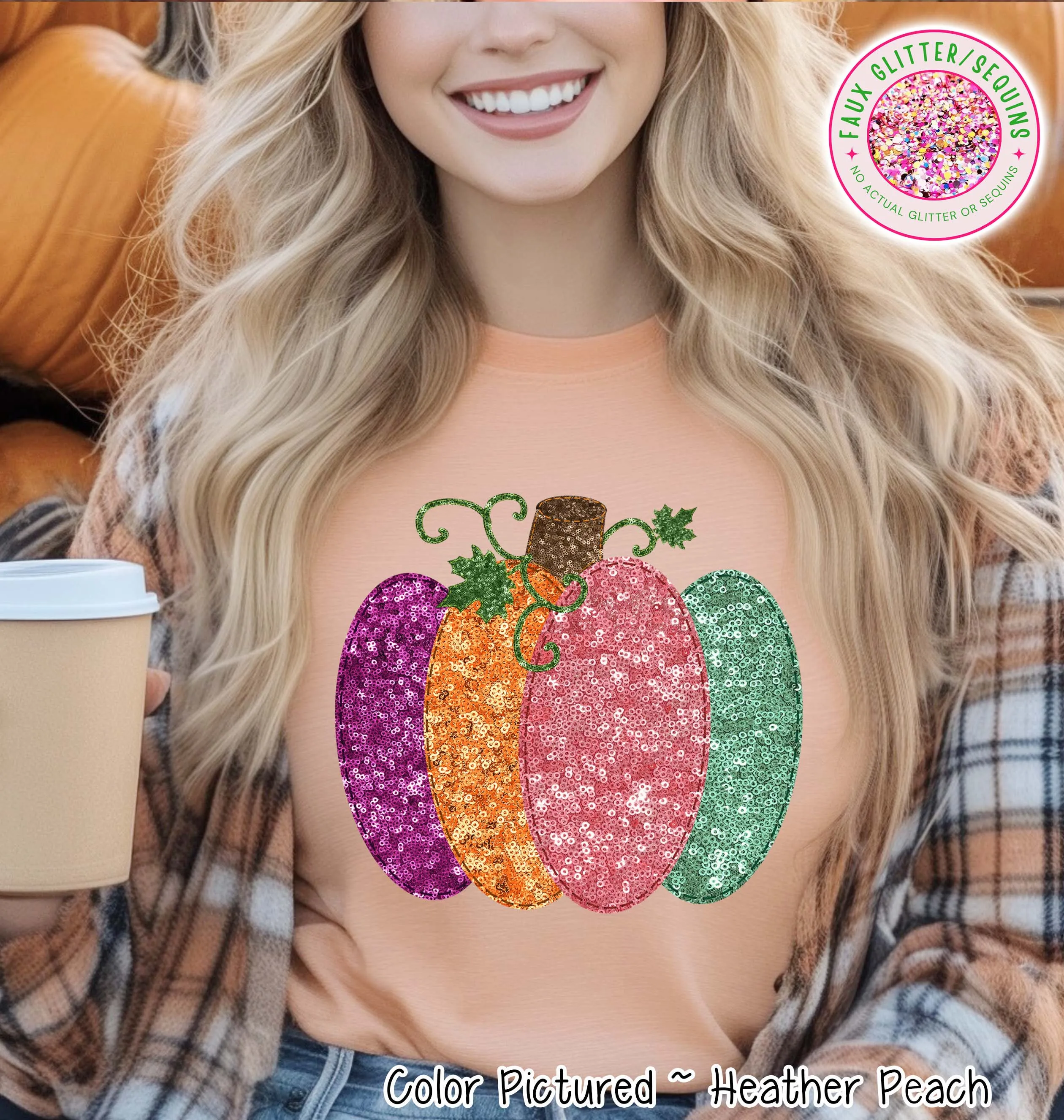 Faux Sequin Effect Colorful Pumpkin Fall Sweatshirt or Tee