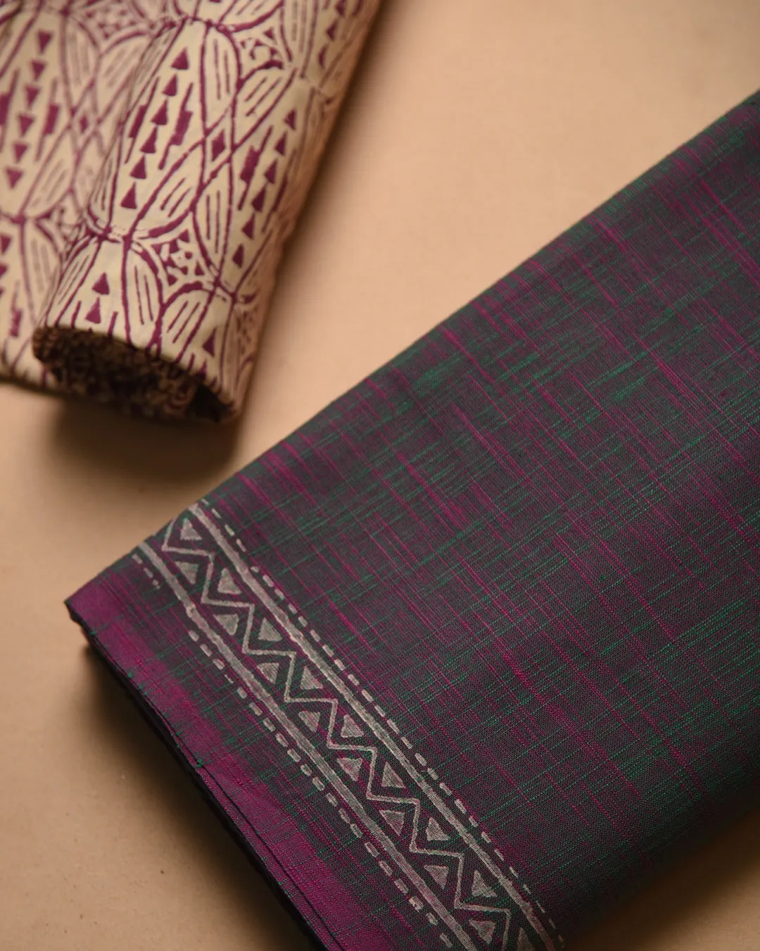 Green With Purple Handloom Cotton Woven Unstitched Suit Fabric Set With Tissue Silk Hand Block Printed Dupatta