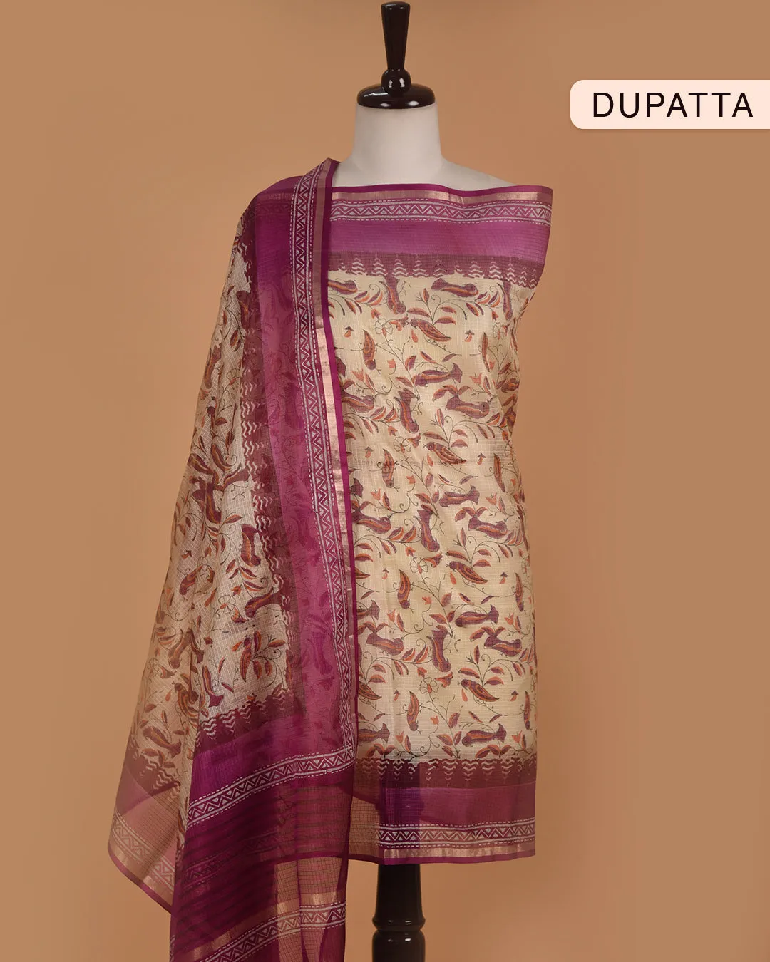 Green With Purple Handloom Cotton Woven Unstitched Suit Fabric Set With Tissue Silk Hand Block Printed Dupatta