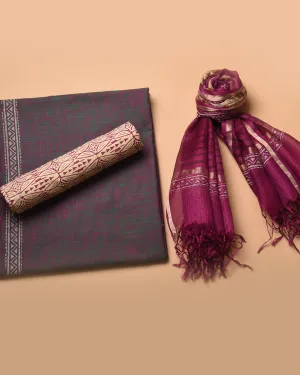 Green With Purple Handloom Cotton Woven Unstitched Suit Fabric Set With Tissue Silk Hand Block Printed Dupatta