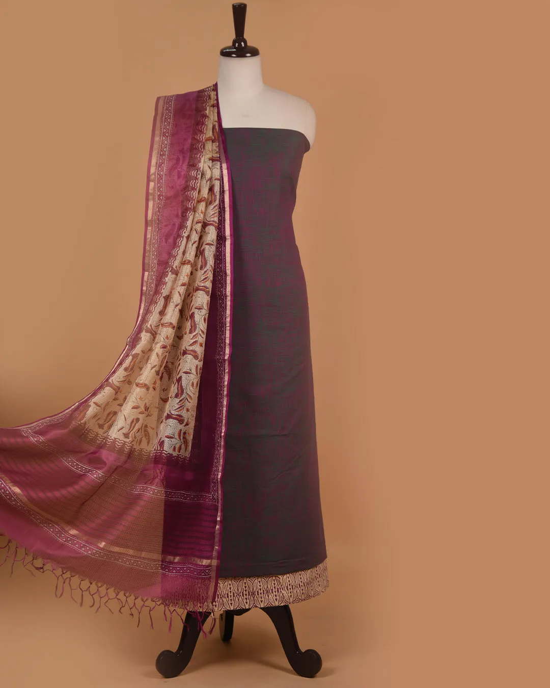 Green With Purple Handloom Cotton Woven Unstitched Suit Fabric Set With Tissue Silk Hand Block Printed Dupatta