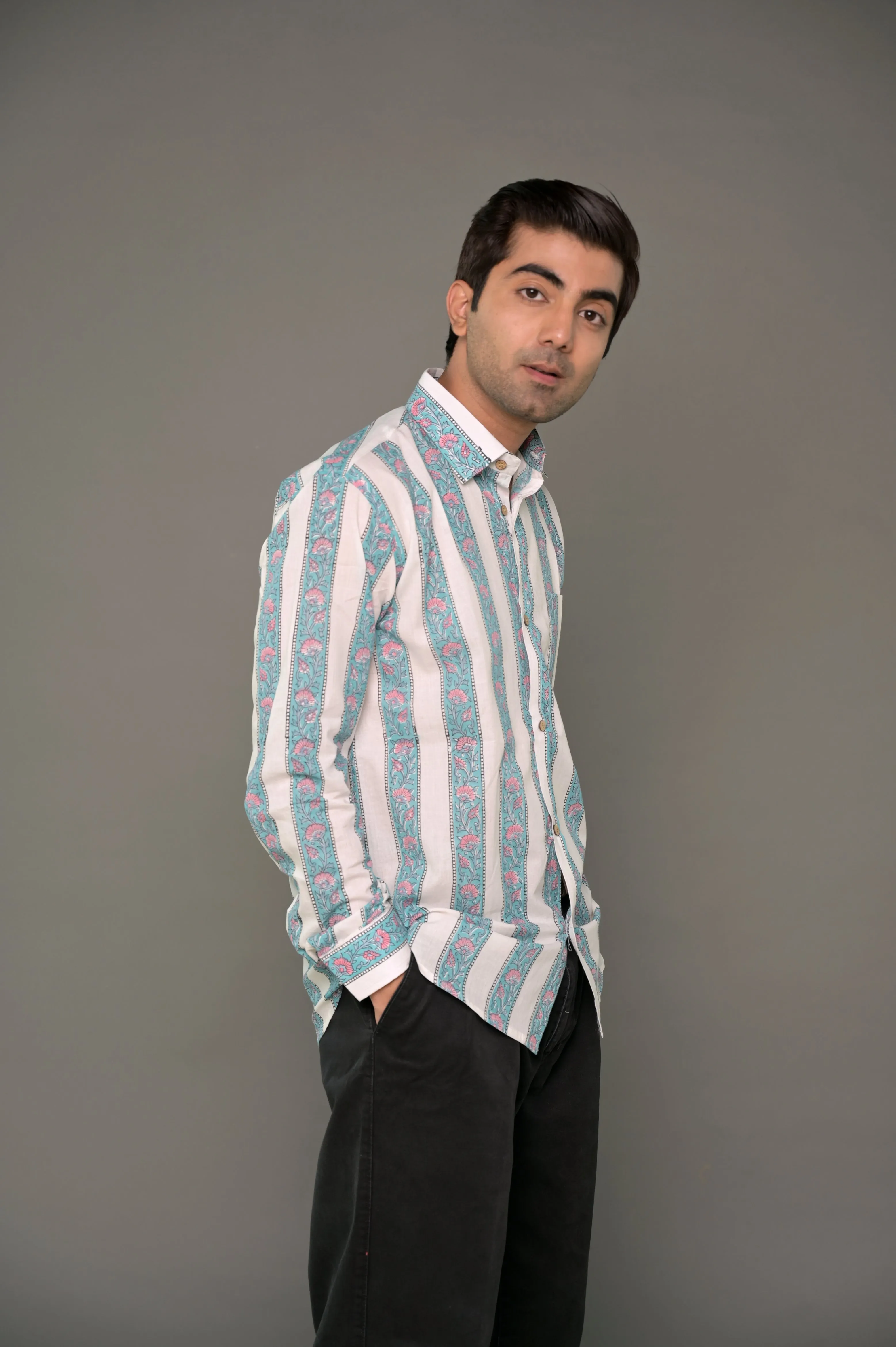 Hand Block Printed Blue Striped Cotton Shirt