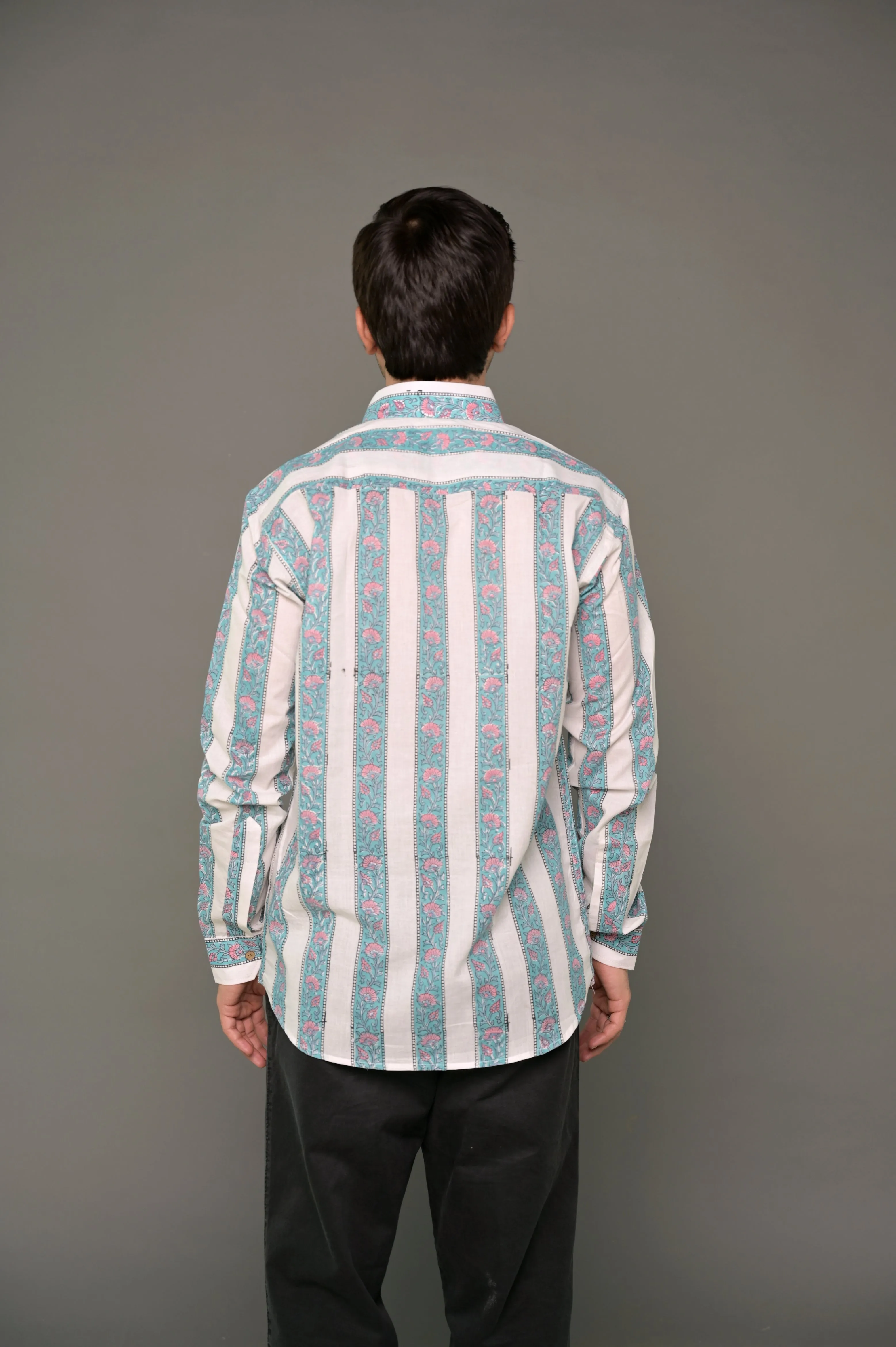 Hand Block Printed Blue Striped Cotton Shirt