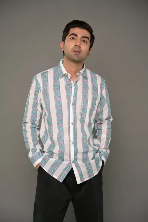Hand Block Printed Blue Striped Cotton Shirt