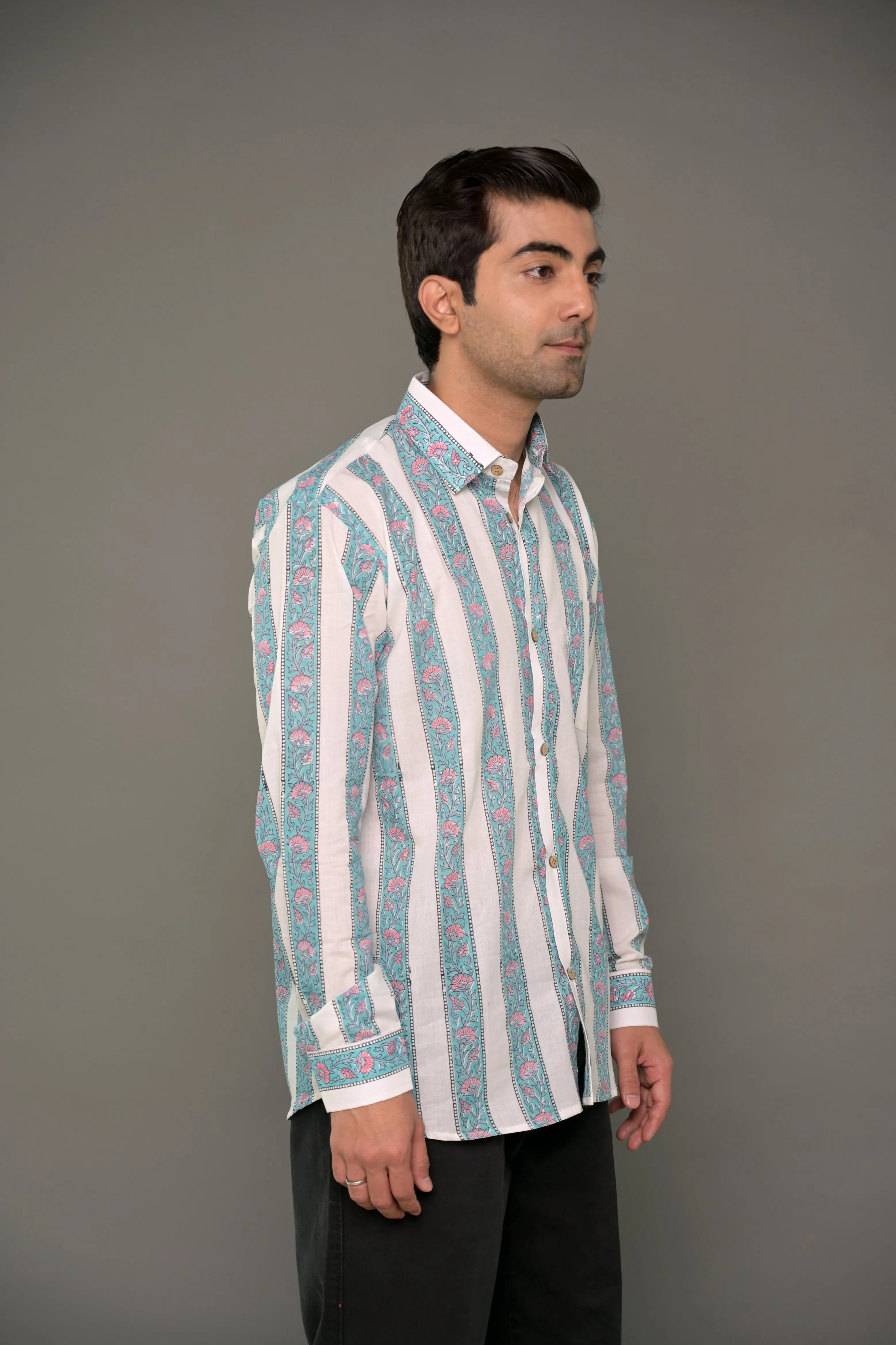 Hand Block Printed Blue Striped Cotton Shirt