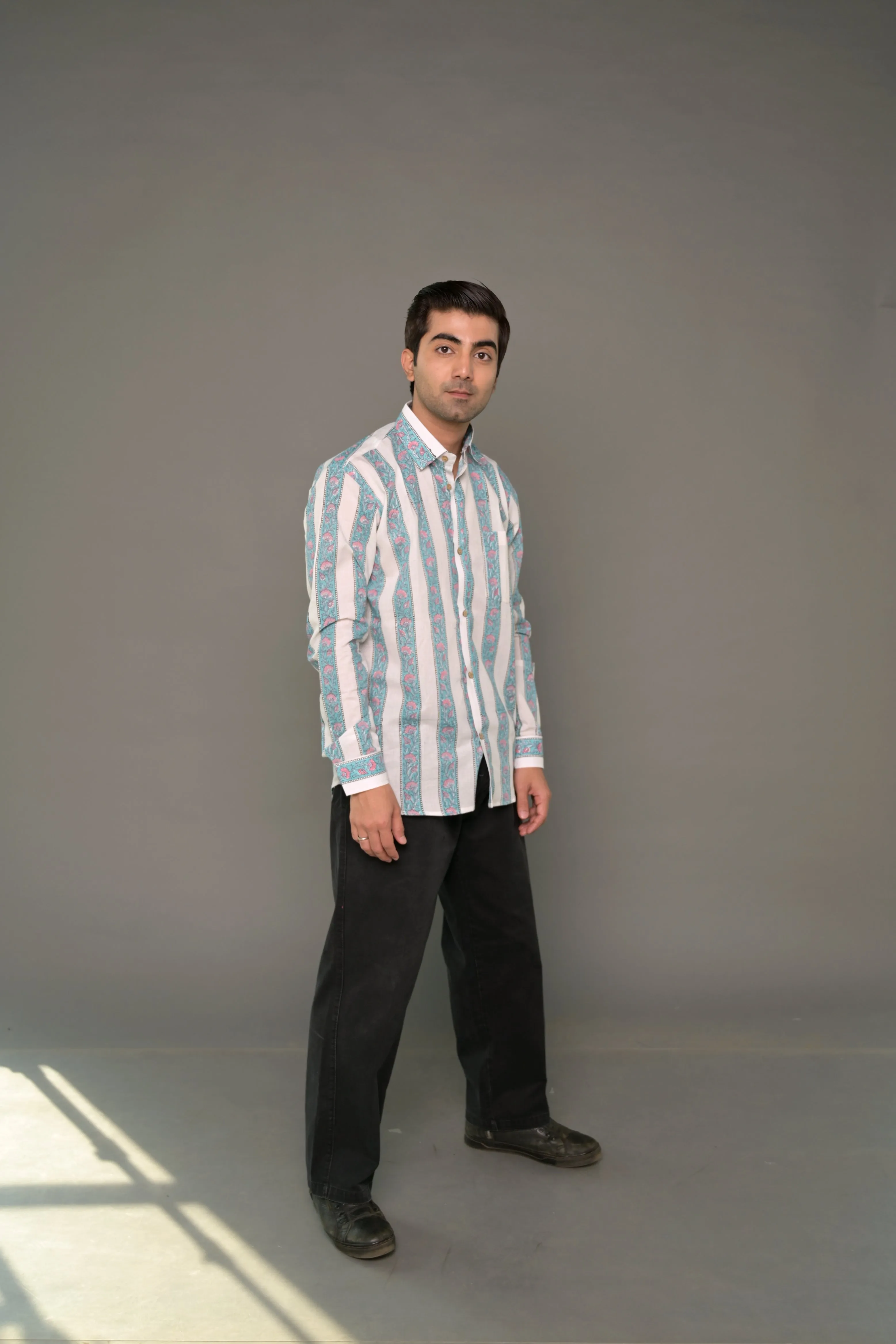 Hand Block Printed Blue Striped Cotton Shirt