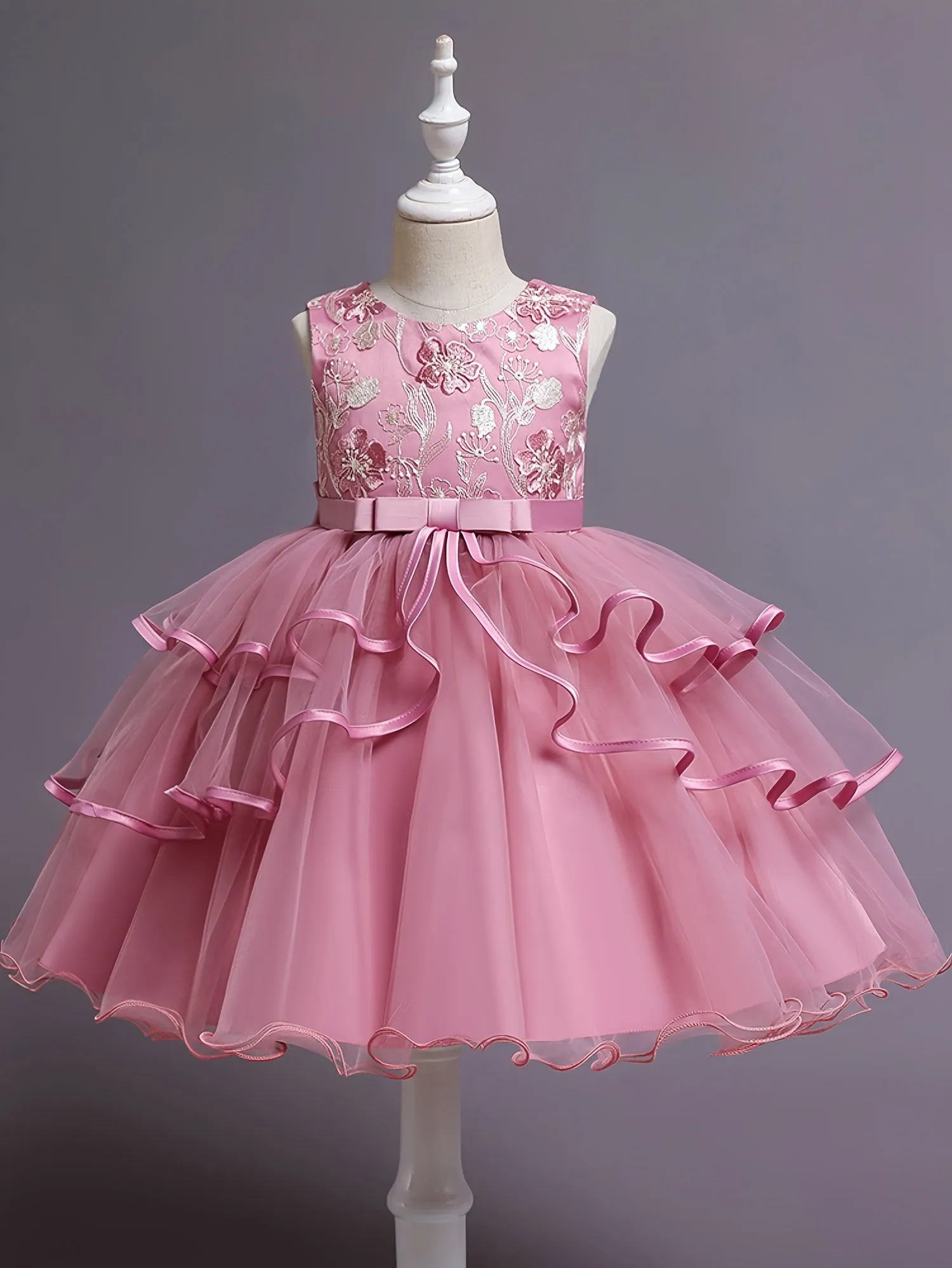 Knee-High Sleeveless Fitted Princess Dress - Embroidered Tulle, Mesh Hem, Bow Knot Back, Non-Stretch Polyester Fabric - Perfect for Birthday Party, Carnival, Performance, and Special Occasions
