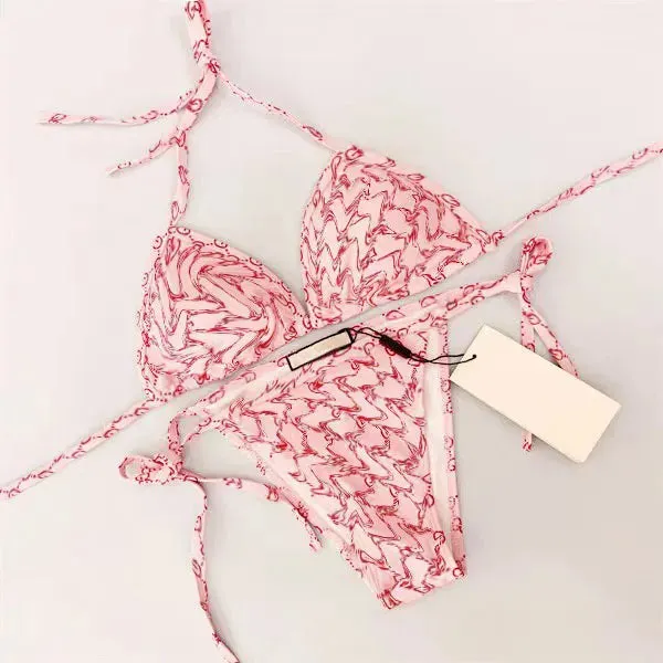 Lace-up triangle Bag bikini Fashion print Ladies sexy mesh alphabet embroidery See-through lace sexy swimsuit bikini underwear
