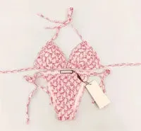 Lace-up triangle Bag bikini Fashion print Ladies sexy mesh alphabet embroidery See-through lace sexy swimsuit bikini underwear