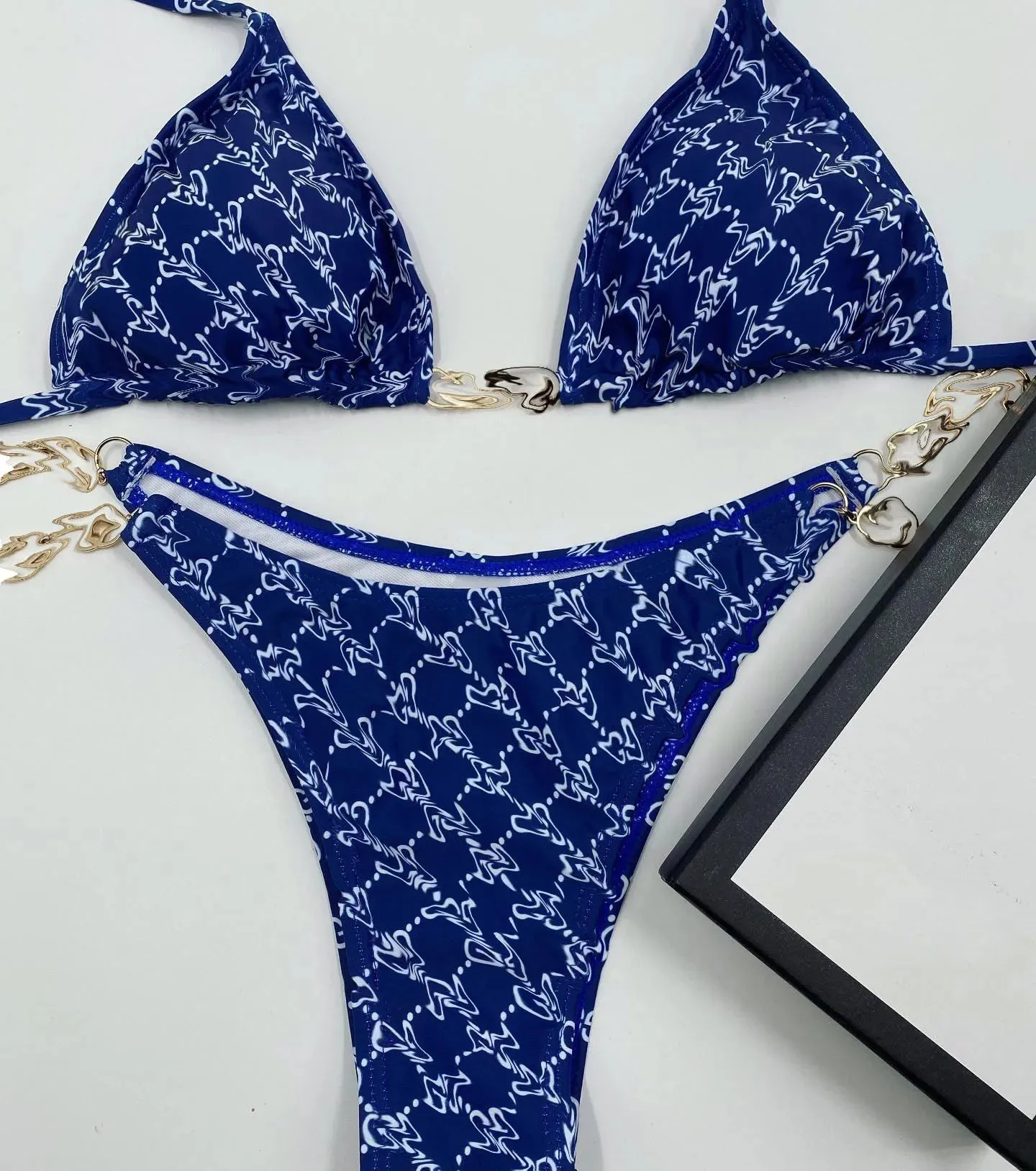 Lace-up triangle Bag bikini Fashion print Ladies sexy mesh alphabet embroidery See-through lace sexy swimsuit bikini underwear