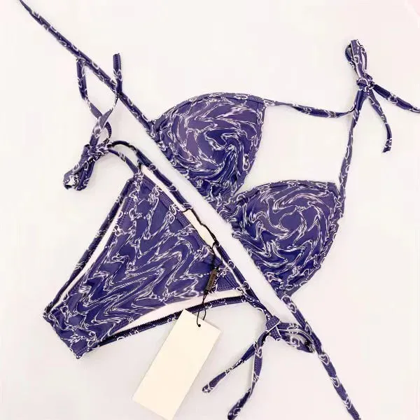 Lace-up triangle Bag bikini Fashion print Ladies sexy mesh alphabet embroidery See-through lace sexy swimsuit bikini underwear