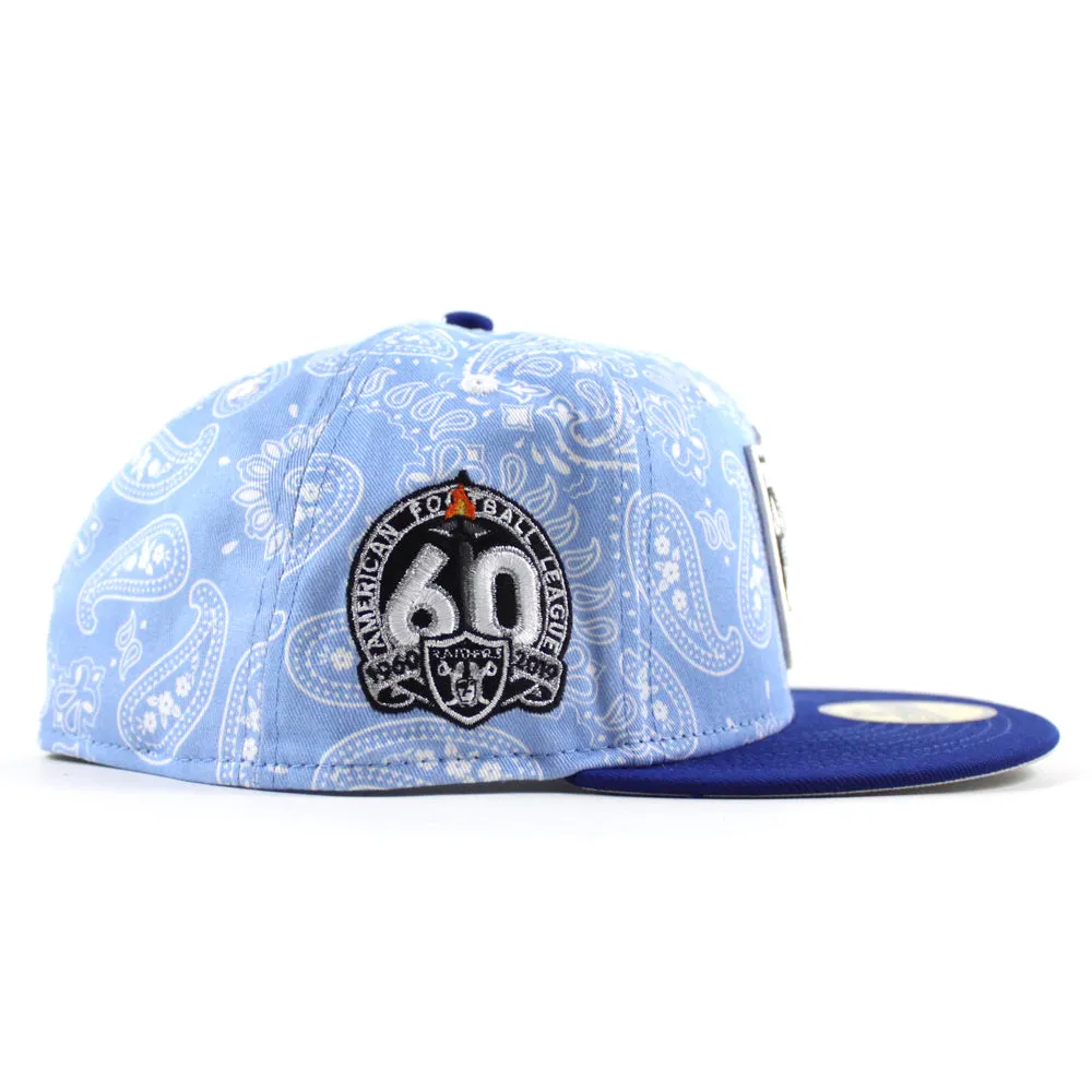Las Vegas Raiders 60th Anniversary New Era 59Fifty Fitted Hat (Baby Blue Paisley Royal Blue Metallic Silver Under Brim)