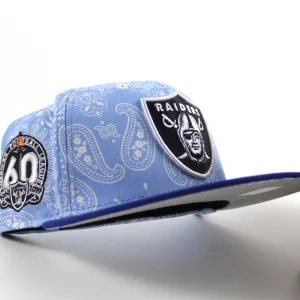 Las Vegas Raiders 60th Anniversary New Era 59Fifty Fitted Hat (Baby Blue Paisley Royal Blue Metallic Silver Under Brim)