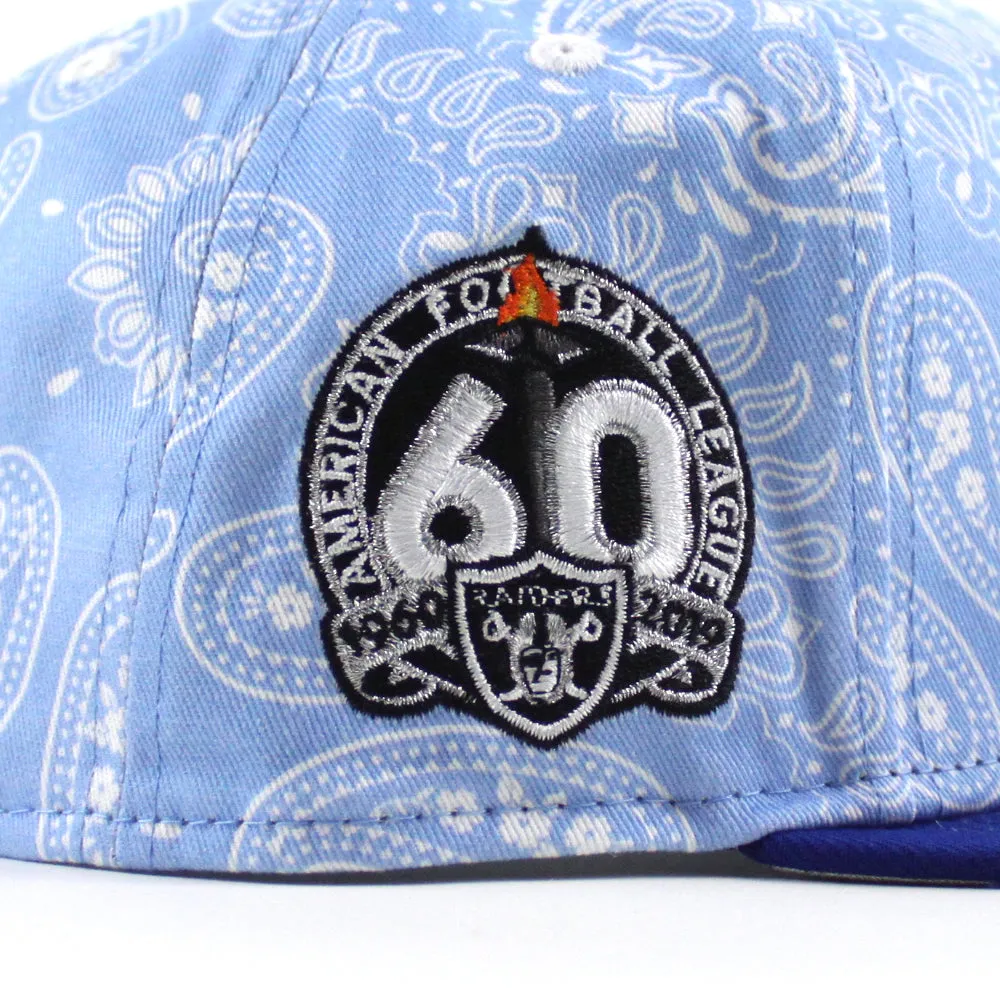 Las Vegas Raiders 60th Anniversary New Era 59Fifty Fitted Hat (Baby Blue Paisley Royal Blue Metallic Silver Under Brim)