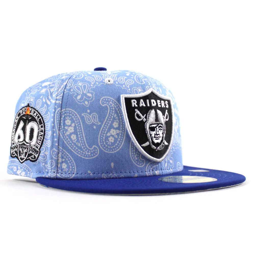 Las Vegas Raiders 60th Anniversary New Era 59Fifty Fitted Hat (Baby Blue Paisley Royal Blue Metallic Silver Under Brim)
