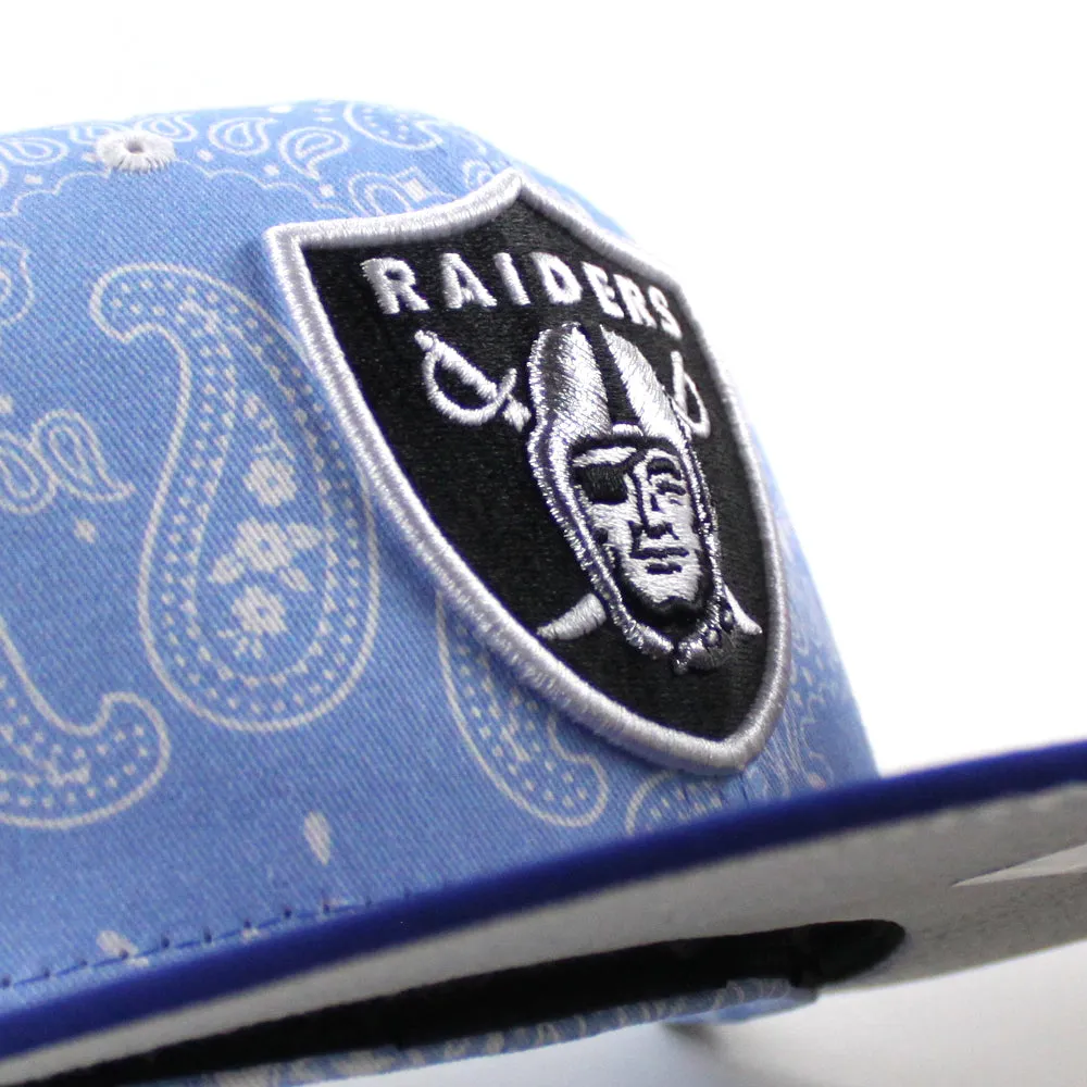 Las Vegas Raiders 60th Anniversary New Era 59Fifty Fitted Hat (Baby Blue Paisley Royal Blue Metallic Silver Under Brim)