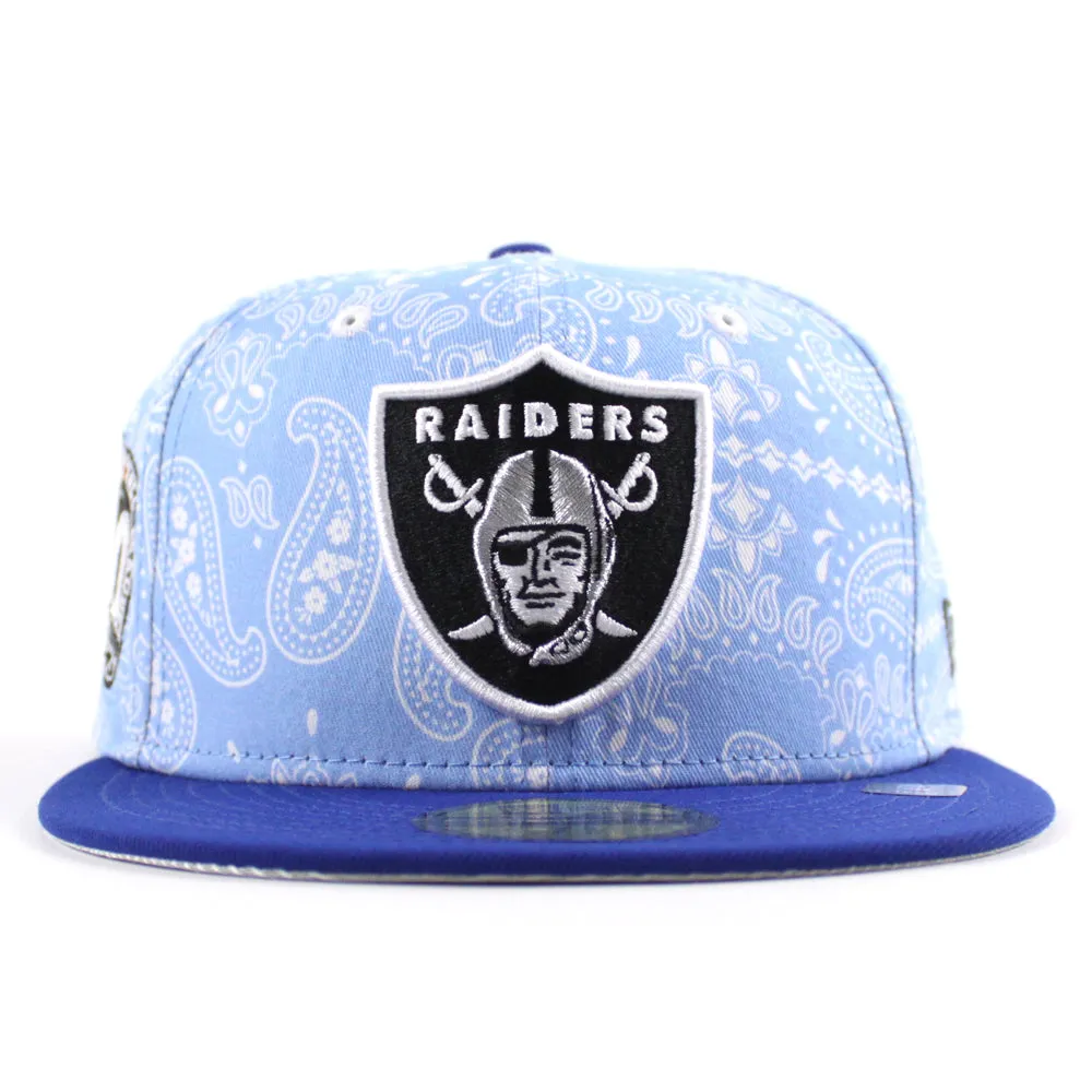 Las Vegas Raiders 60th Anniversary New Era 59Fifty Fitted Hat (Baby Blue Paisley Royal Blue Metallic Silver Under Brim)