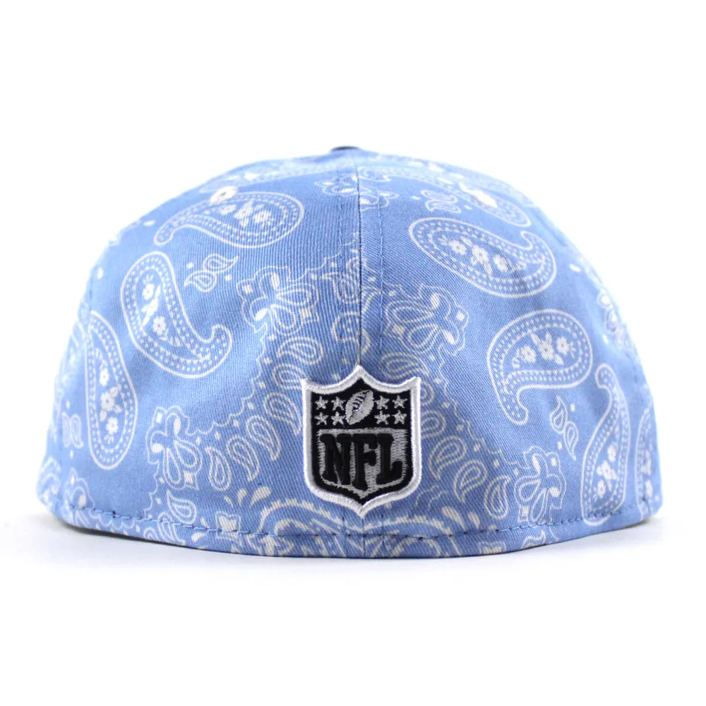Las Vegas Raiders 60th Anniversary New Era 59Fifty Fitted Hat (Baby Blue Paisley Royal Blue Metallic Silver Under Brim)