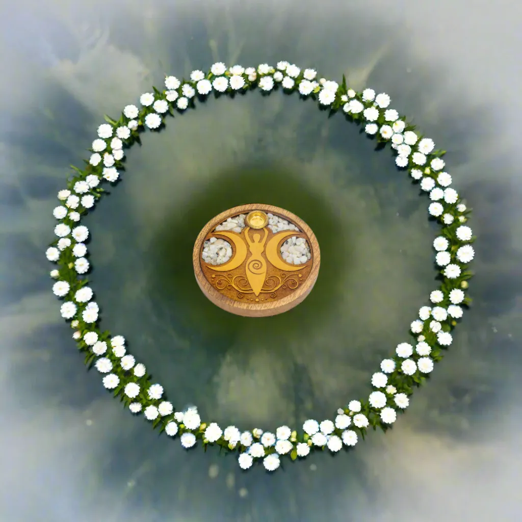 Laser Etched Wood Round Incense Holder - Moon Goddess Rainbow Moonstone Inlay FB2402