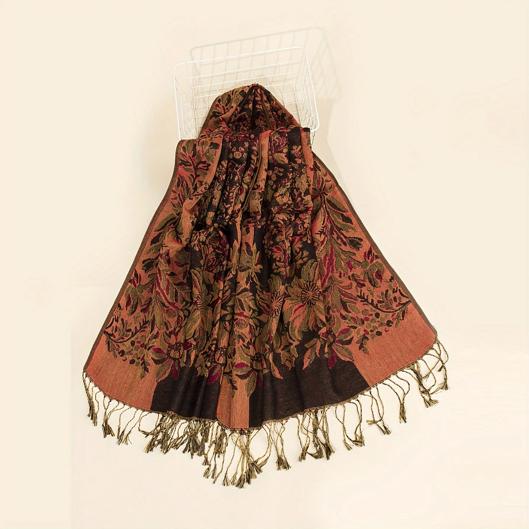 Long Grape Flower Scarf - Exquisitely Elegant, Ultra-Soft, Warm, and Windproof - Boho Vintage Inspired Tassel Shawl for Autumn and Winter Seasons