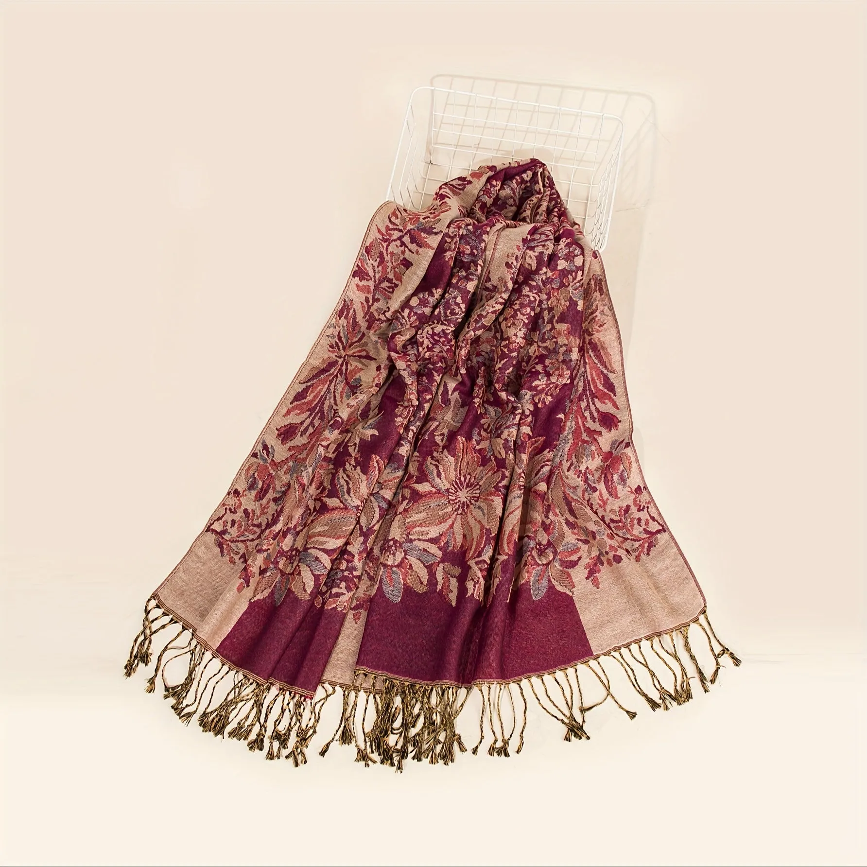 Long Grape Flower Scarf - Exquisitely Elegant, Ultra-Soft, Warm, and Windproof - Boho Vintage Inspired Tassel Shawl for Autumn and Winter Seasons