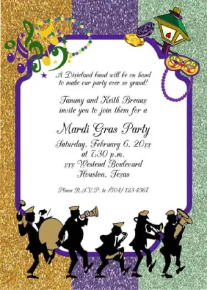 MARDI GRAS 2ND LINE WITH GLITTER CUSTOM INVITATION
