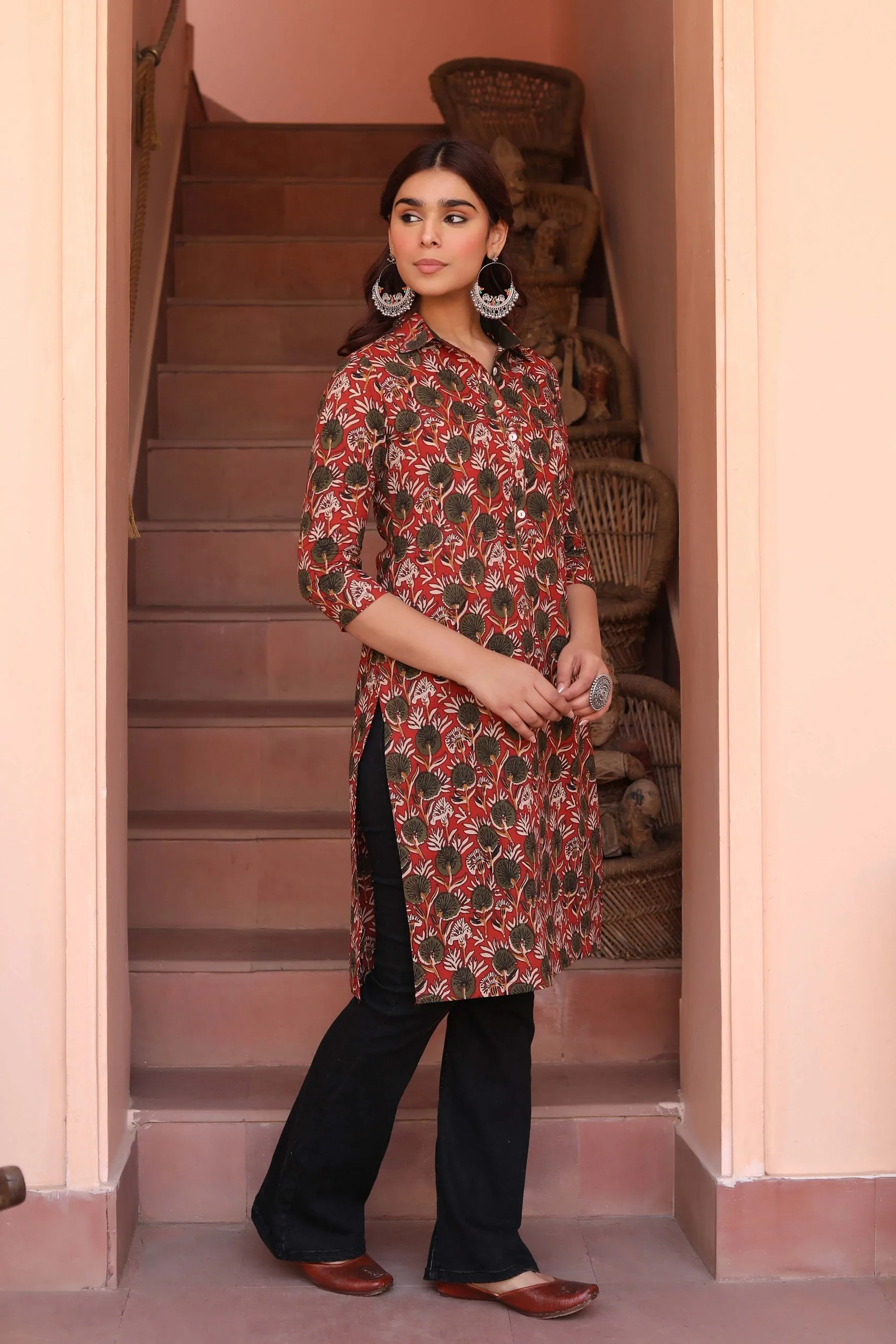 Maroon With Green Cotton Pure Hand Block Printed Ready-To-Wear Knee Length Kurta