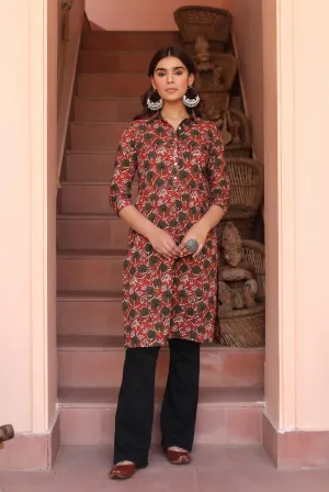 Maroon With Green Cotton Pure Hand Block Printed Ready-To-Wear Knee Length Kurta