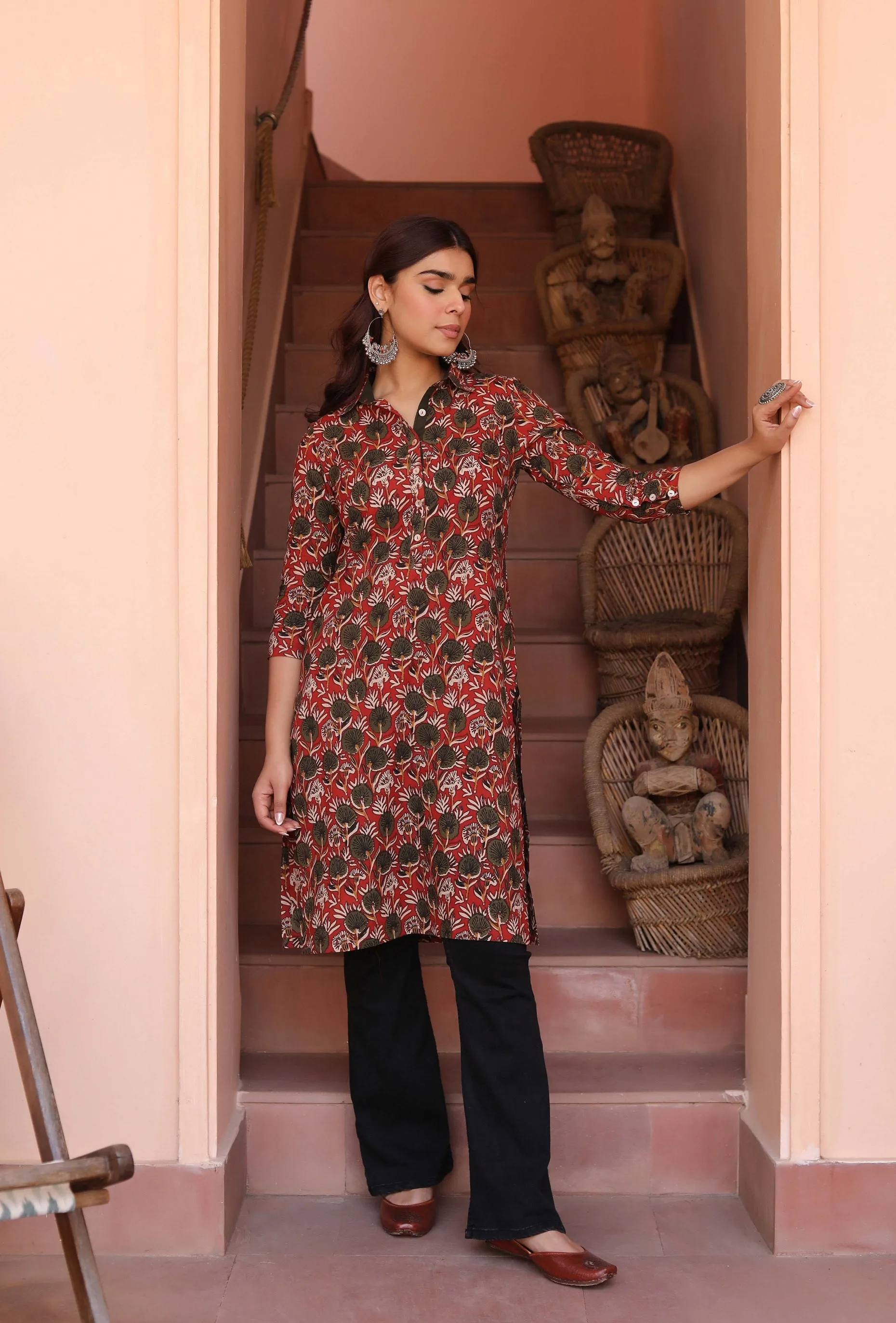 Maroon With Green Cotton Pure Hand Block Printed Ready-To-Wear Knee Length Kurta