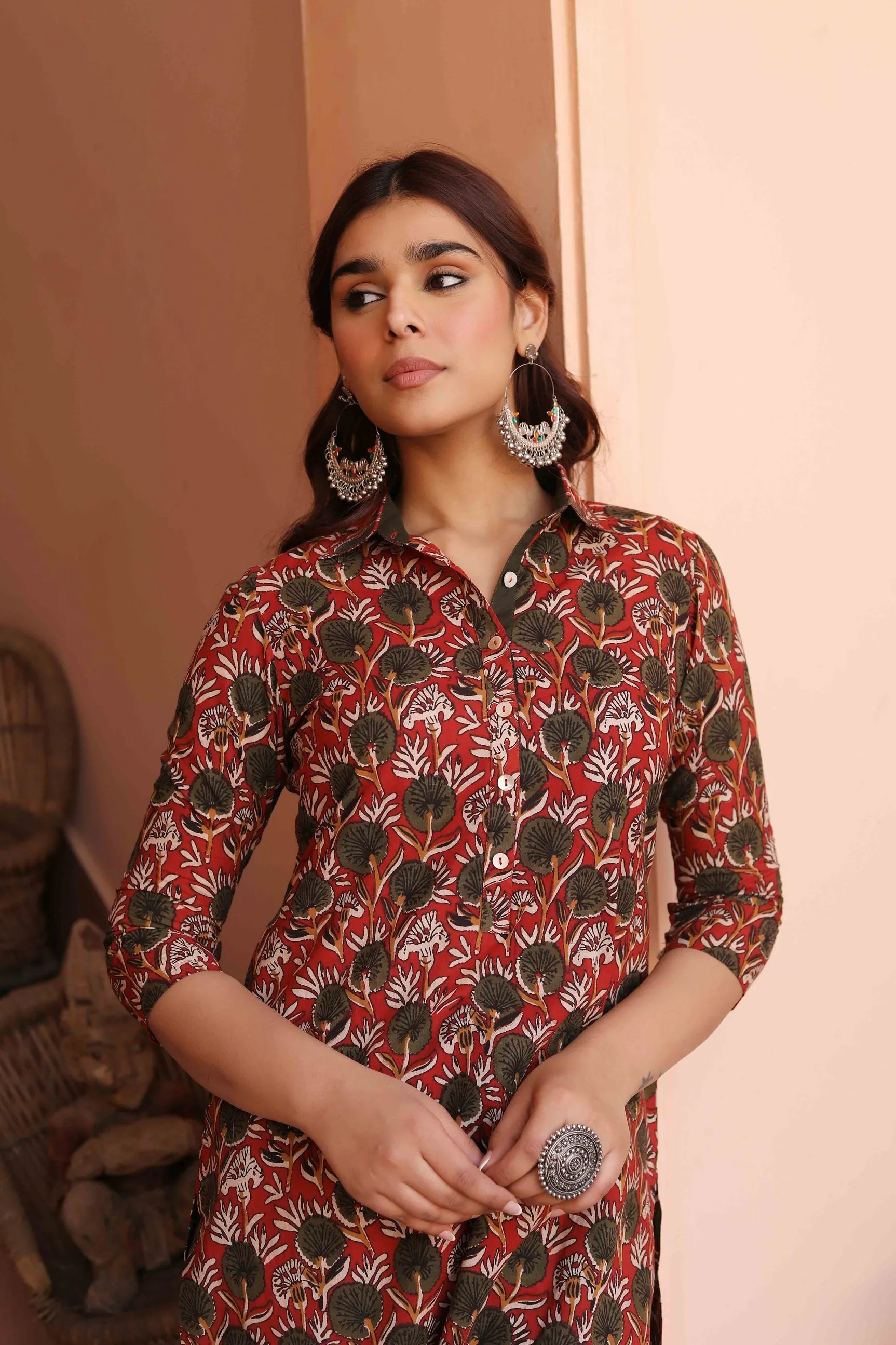 Maroon With Green Cotton Pure Hand Block Printed Ready-To-Wear Knee Length Kurta