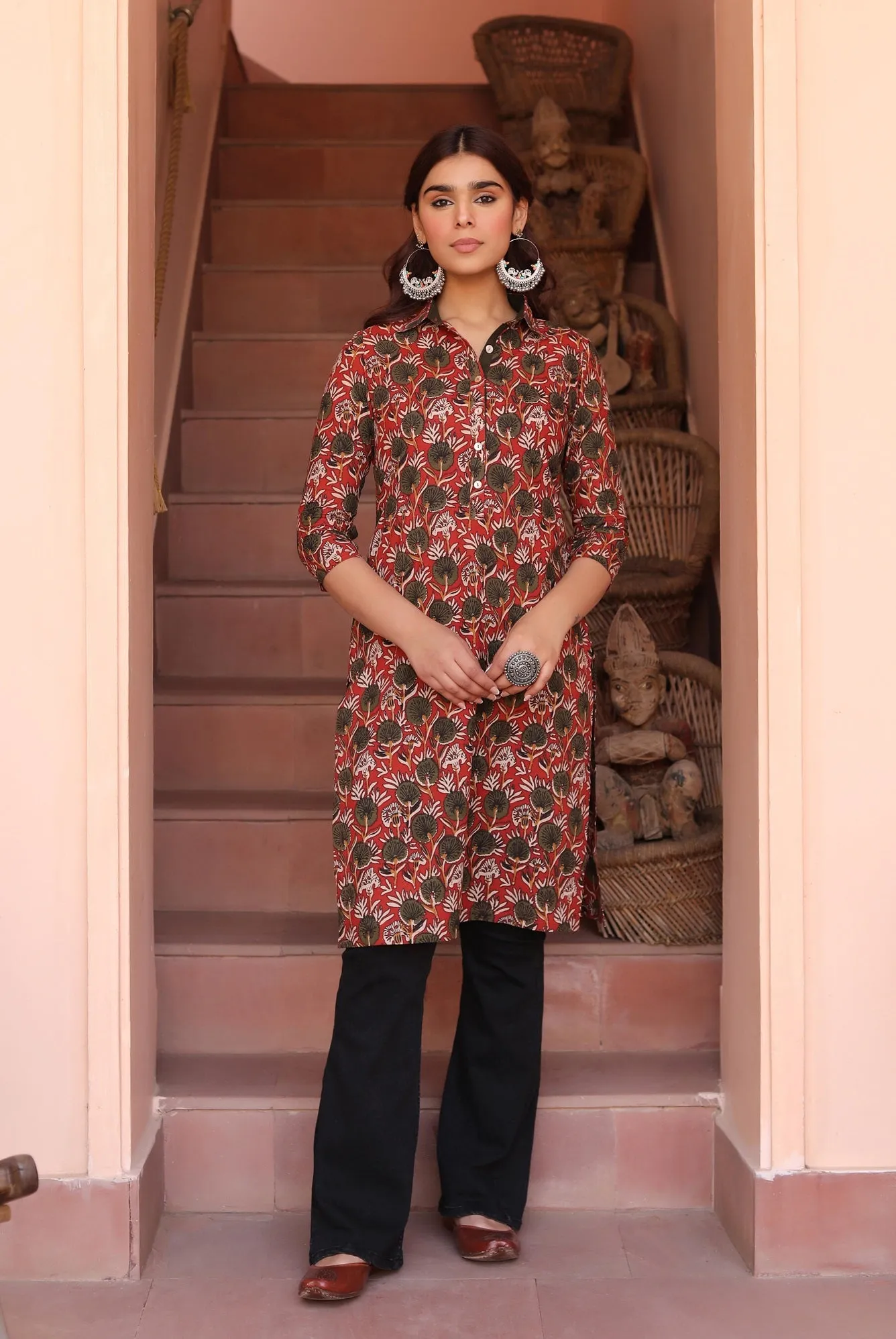 Maroon With Green Cotton Pure Hand Block Printed Ready-To-Wear Knee Length Kurta