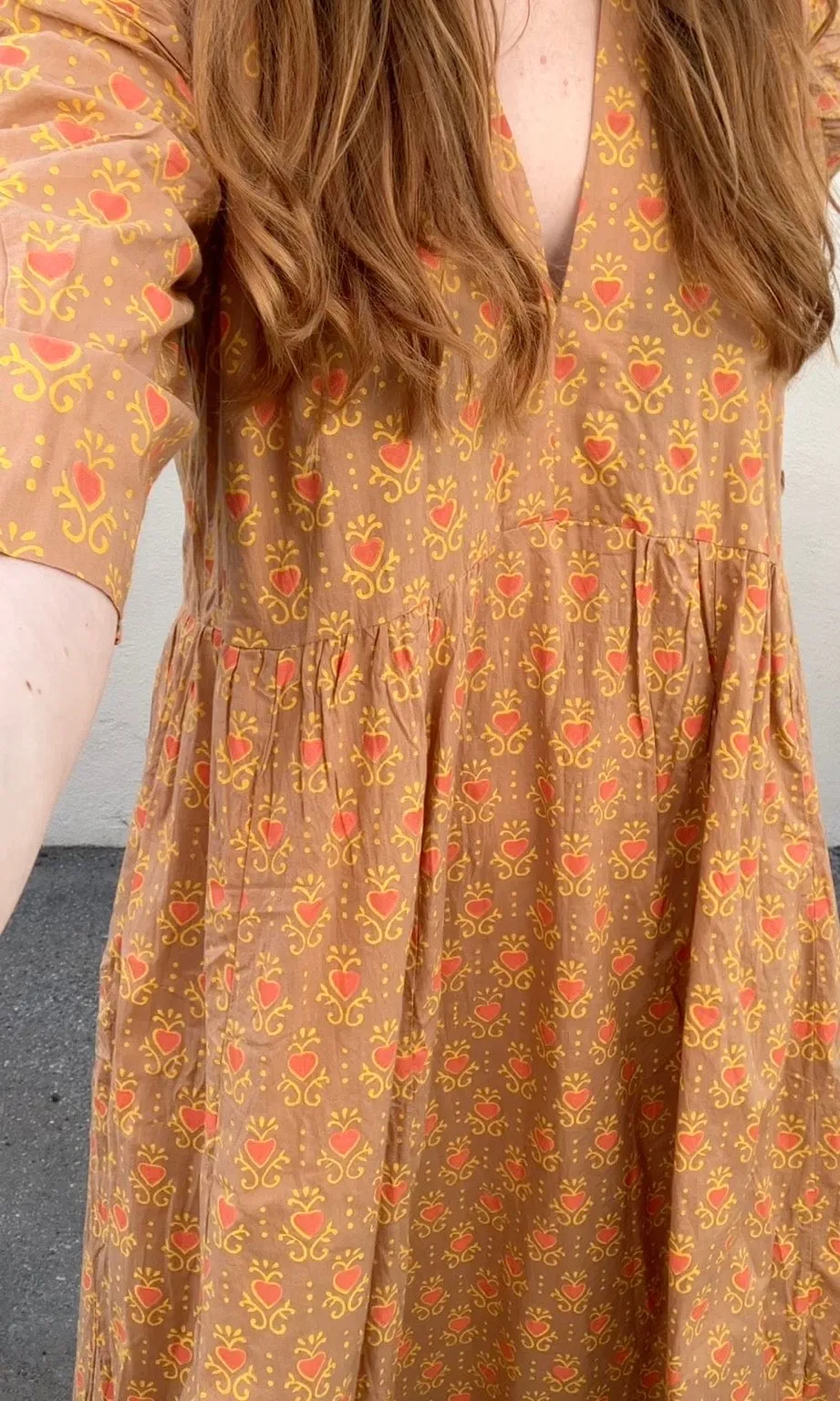 Matta Tan Block Printed Dress with Orange Hearts