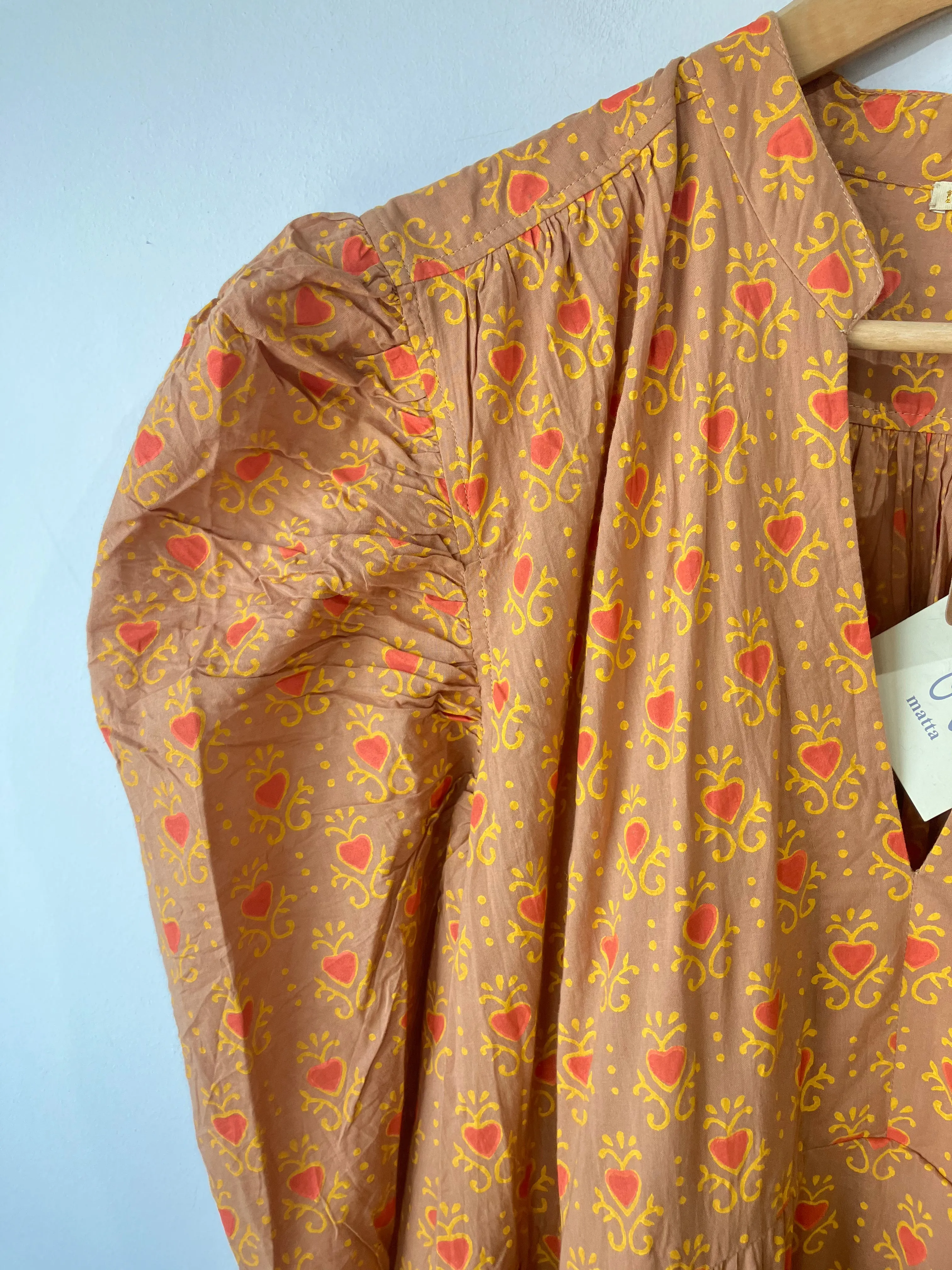 Matta Tan Block Printed Dress with Orange Hearts