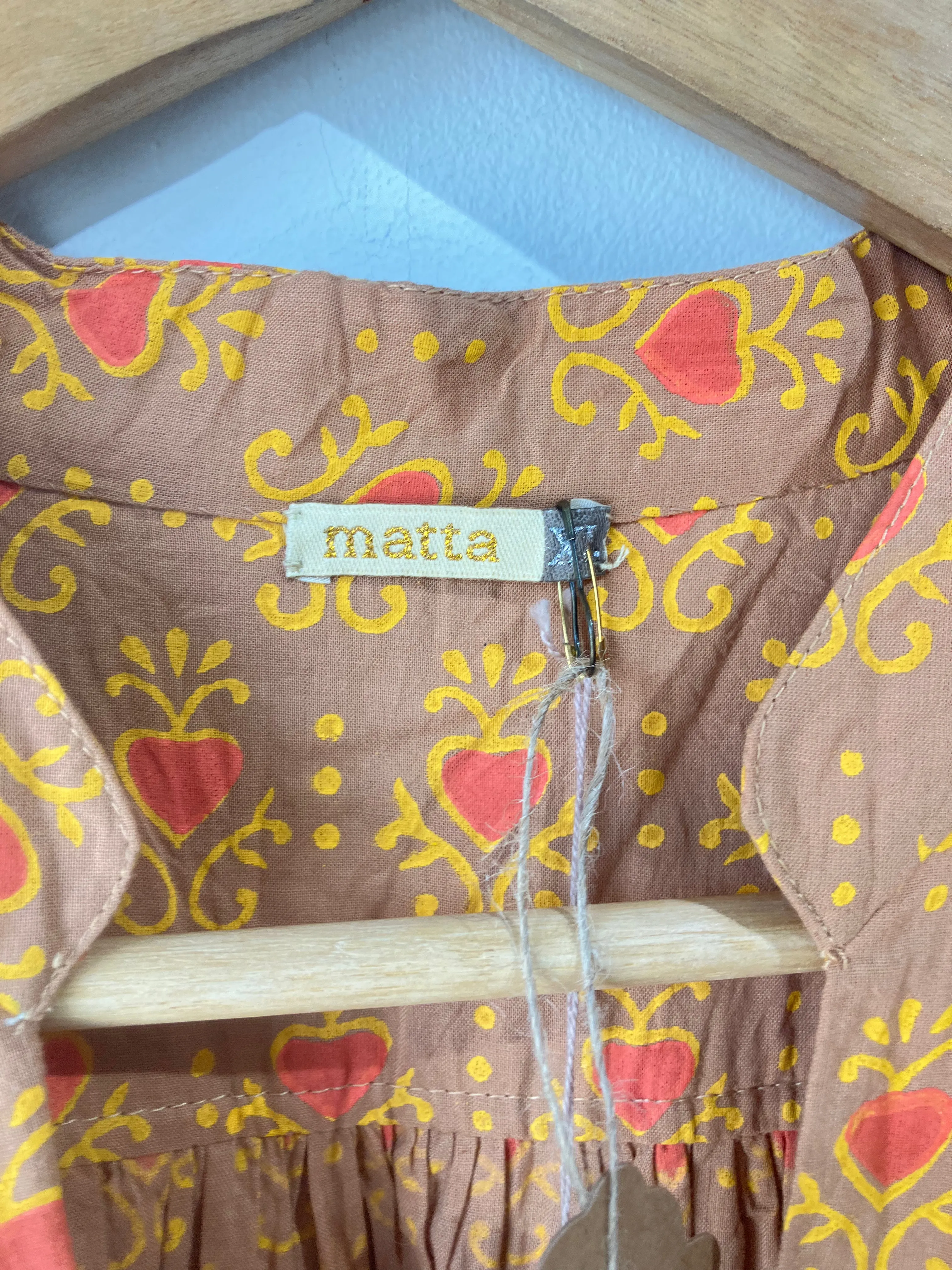 Matta Tan Block Printed Dress with Orange Hearts