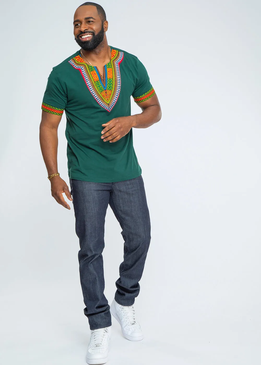 Men's African Print Dashiki T-Shirt (Forest Green/Maroon)