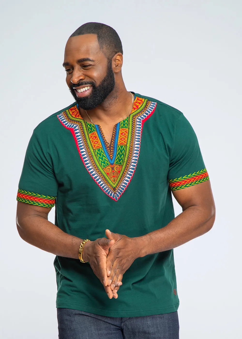 Men's African Print Dashiki T-Shirt (Forest Green/Maroon)