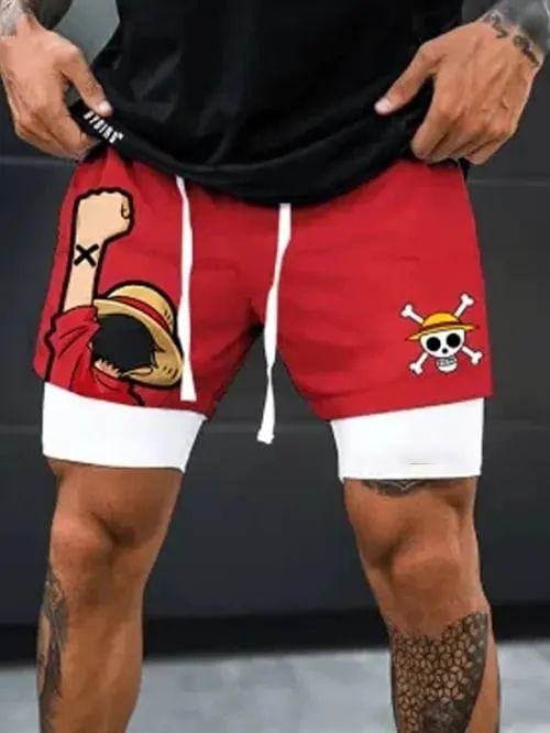 Men's Double Layer Anime Digital Print Beach Shorts