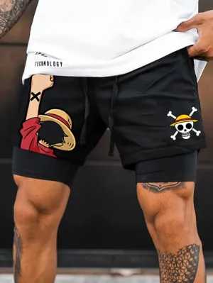 Men's Double Layer Anime Digital Print Beach Shorts