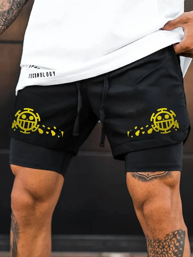 Men's Double Layer Anime Digital Print Beach Shorts