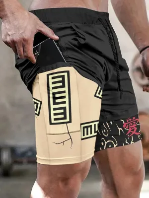 Men's Double Layer Fashionable Anime Digital Print Beach Pocket Shorts