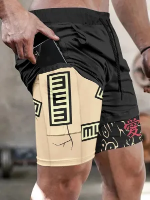 Men's Double Layer Fashionable Anime Digital Print Beach Pocket Shorts