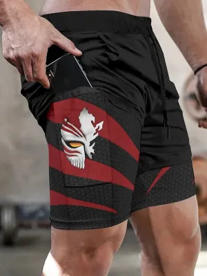 Men's Double Layer Fashionable Anime Digital Print Beach Pocket Shorts