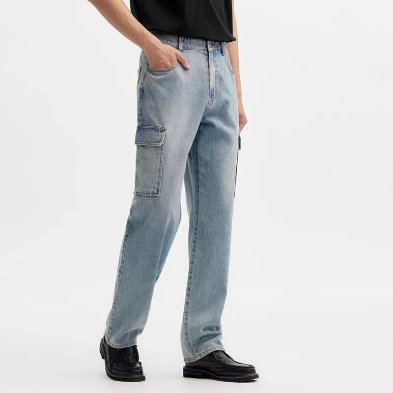 Men's Retro Washed Cargo Jeans - Loose Fit Summer Work Style Trousers