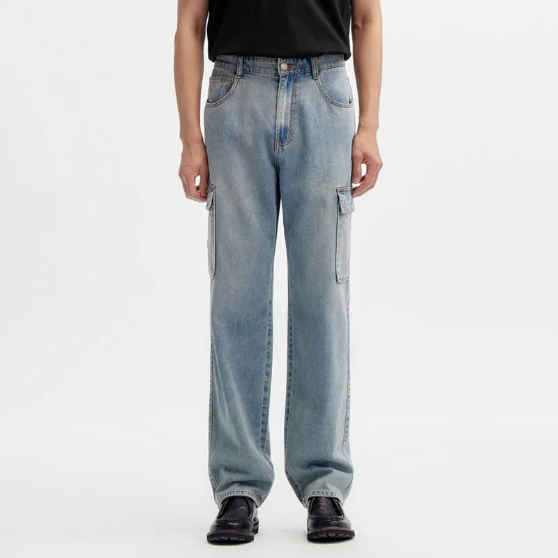 Men's Retro Washed Cargo Jeans - Loose Fit Summer Work Style Trousers