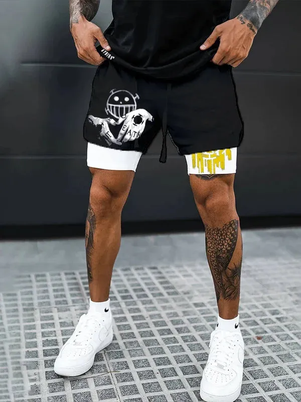 Men's Trend Anime Double Layer Digital Print Beach Shorts
