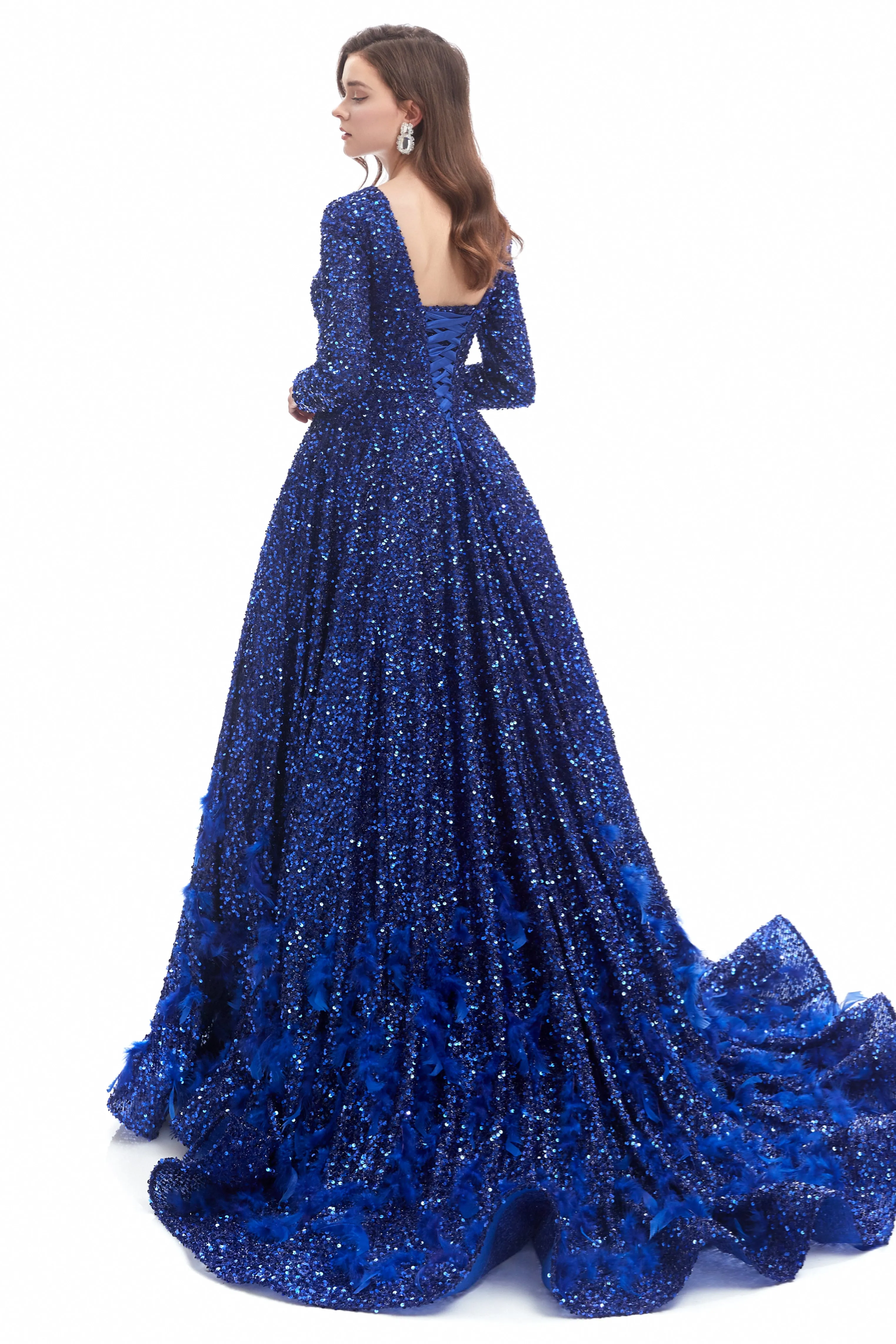 Mermaid Jewel Sequined Floor-length Long Sleeve With Feather Prom Dress